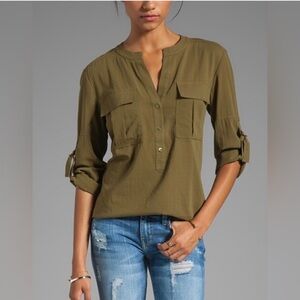 Trina Turk Olive Button-Front Roll-Sleeve Blouse